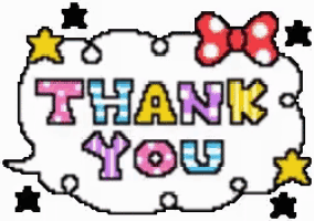 a pixel art illustration of a thank you message with a bow and stars .