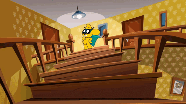 a yellow cartoon character is walking up a set of stairs