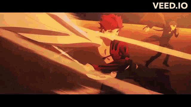 a man in a red shirt is holding a sword in a cartoon .