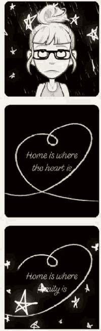 a cartoon of a girl with glasses and the words home is where the heart is on a black background