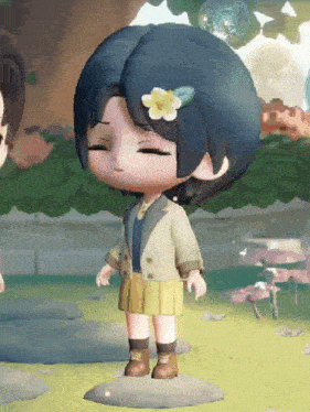a little girl with a flower in her hair is standing in a video game .