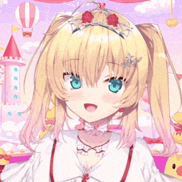 a girl with blonde hair and blue eyes is wearing a tiara on her head