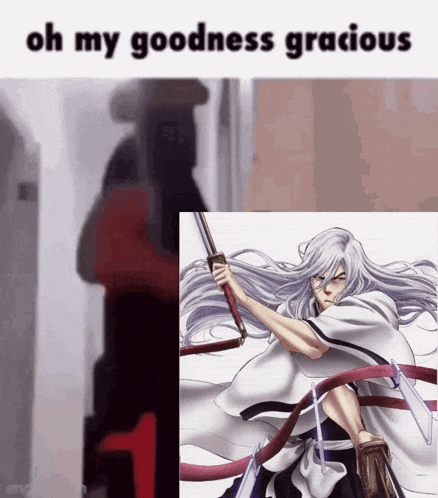 a picture of a man holding a sword with the words oh my goodness gracious below it