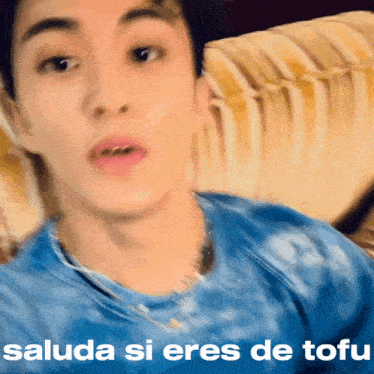a man sitting on a couch with the words saluda si eres de tofu written below him