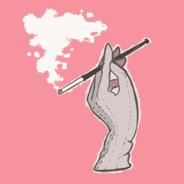a drawing of a hand holding a cigarette with smoke coming out of it on a pink background