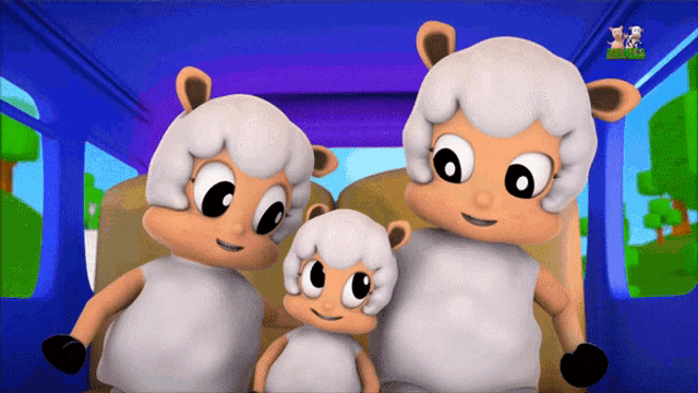 three cartoon sheep are sitting in the back seat of a car with a logo that says ' sheep ' on it