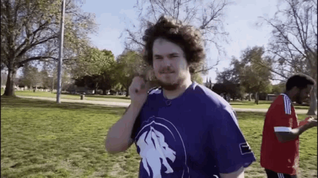 a man wearing a purple shirt with a horse on it stands in a park
