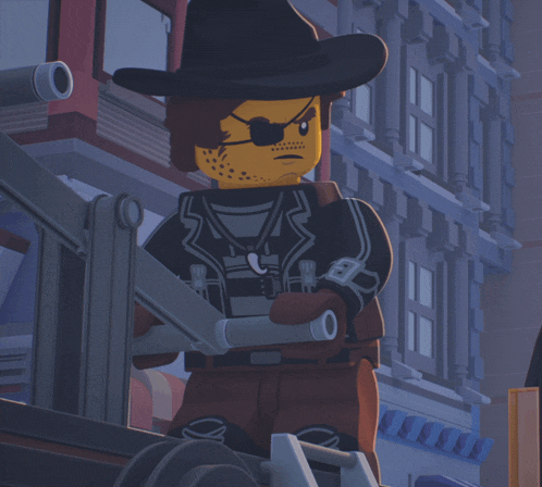 a lego man with a cowboy hat and a pirate eye patch