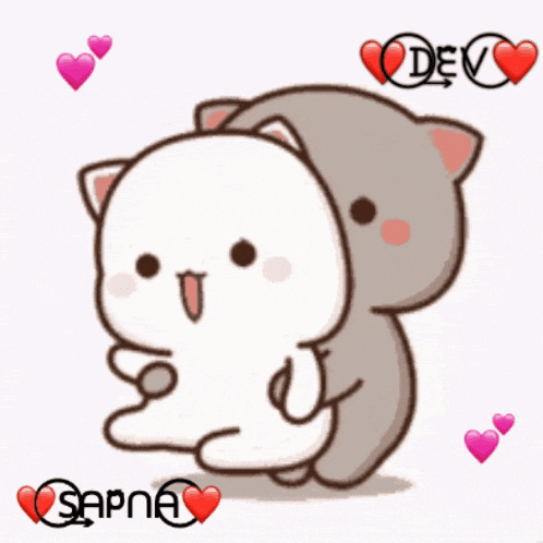 a couple of cartoon characters hugging each other with hearts around them