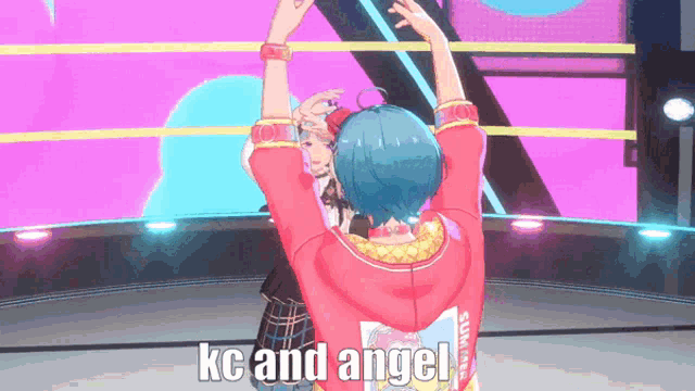 a girl with blue hair is dancing on a stage with the words kc and angel behind her
