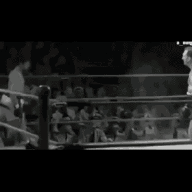 two men are standing in a boxing ring with a referee in the background