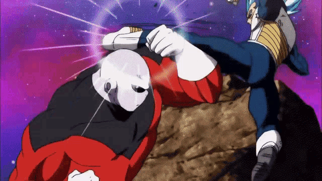a man in a red jacket is kicking another man in the face