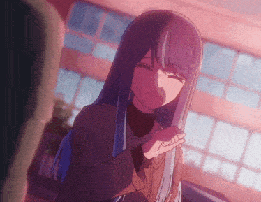 a girl with long purple hair stands in front of a pink building