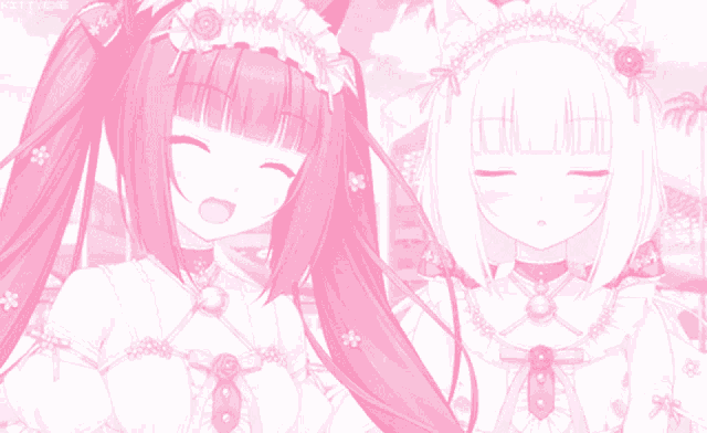 two anime girls are standing next to each other and one is smiling
