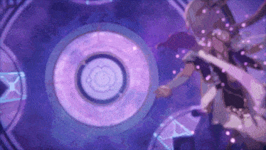 a person is standing in a purple room with a purple circle in the background .
