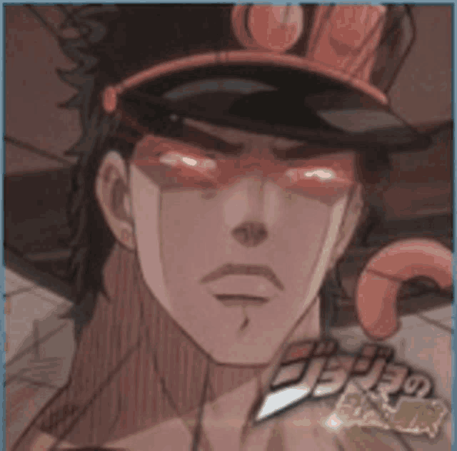 a close up of a cartoon character with red eyes and the word jojo on the bottom right