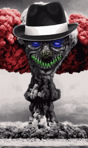 a clown wearing a fedora stands in front of a large explosion