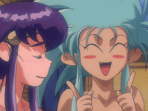 two anime characters one with purple hair and the other with blue hair are giving a thumbs up