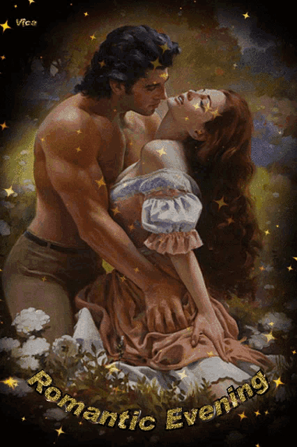 a painting of a man and woman kissing with the words romantic evening