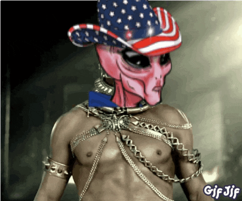a gif of an alien with an american flag hat