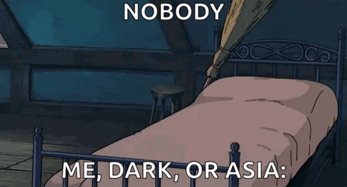 a cartoon of a witch standing next to a bed with the words nobody me dark or asia