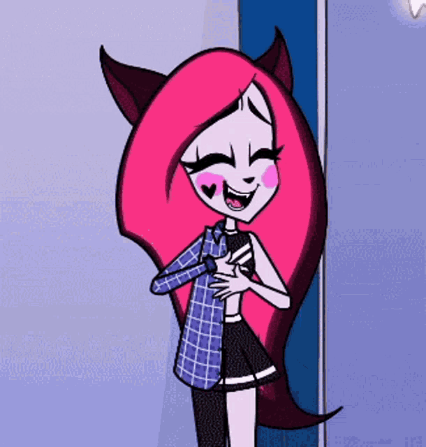 a cartoon character with pink hair and horns is standing in front of a door