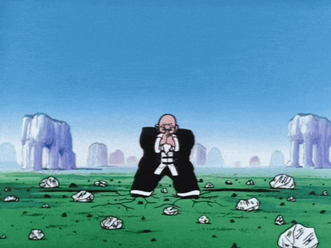 a cartoon character is standing in a field with rocks and mountains in the background