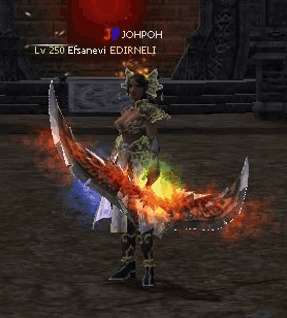 a woman is holding a large sword in a video game with the name johpoh written above her