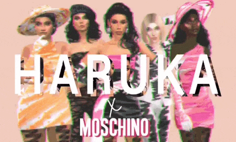 a group of women are standing next to each other with the words haruka x moschino in the background