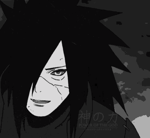 a black and white drawing of a man with purple eyes and the words power of the god below him