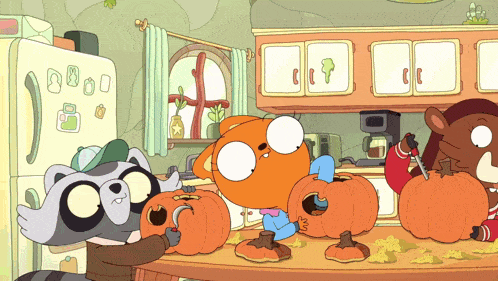 a cartoon of a raccoon and a squirrel carving pumpkins