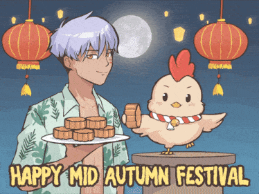 a cartoon of a man holding a plate of food next to a chicken with the words happy mid autumn festival below them