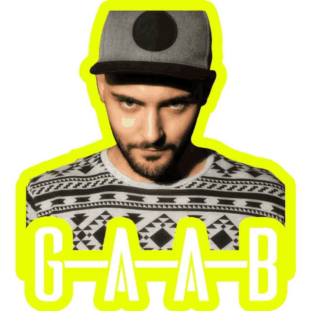 a man with a beard wearing a hat and a sweater with the letters c-a-a-b on it