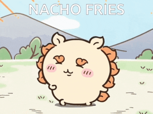 a cartoon drawing of a lion with nacho fries written on it