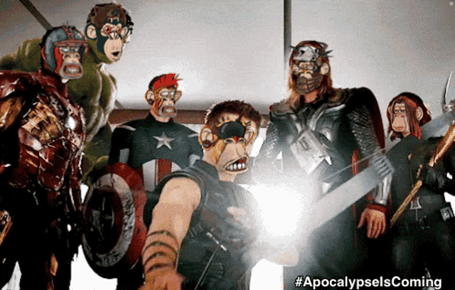 a group of superheros are standing next to each other with a caption that says #apocalypselscoming