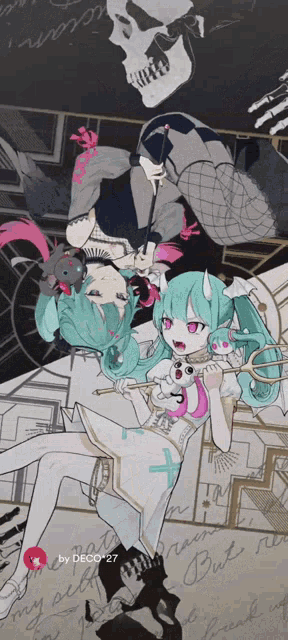 a drawing of a girl with horns and a skull with the number 27 on the bottom right