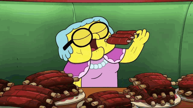 a cartoon character is eating ribs from a table