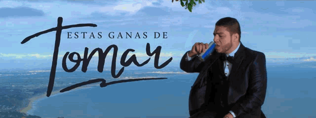 a man in a tuxedo drinking from a can with the words estas ganas de tomar written above him