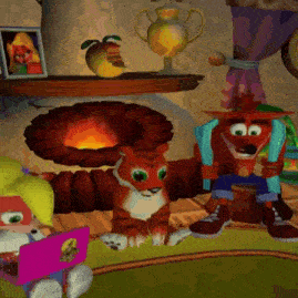 crash bandicoot and coco are sitting in front of a fireplace in a room