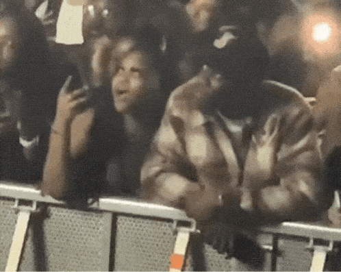a crowd of people are sitting in a stadium watching a concert and one woman is holding a cell phone .