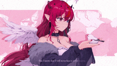 a girl with red hair and horns is holding a small white bird in her hand