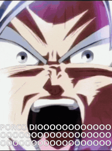 a close up of a person 's face with the words porco dio written on the bottom