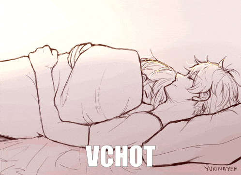 a drawing of a man and a woman laying on a bed with the words vchot above them