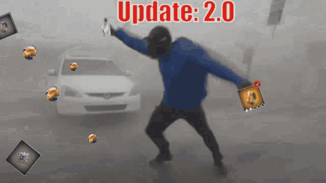 a man in a blue jacket is standing in front of a car with the words update 2.0 written above him