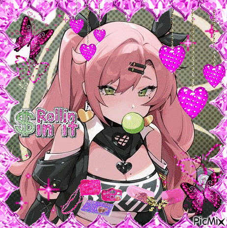 a girl with pink hair and green eyes is blowing a bubble with a lollipop .