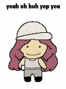 a pixel art of a girl holding a cell phone with the words yeah uh huh yep yea .