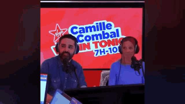 a man and a woman are talking into microphones in front of a sign that says camille combal in tonic