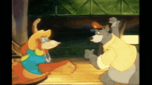 two cartoon characters are standing next to each other on a wooden floor