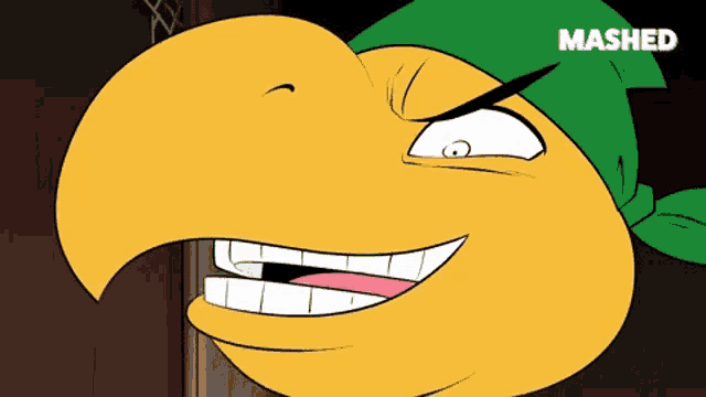 a yellow cartoon character with a green headband and the word mashed on the bottom