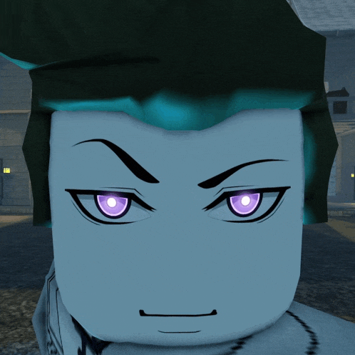 a cartoon character with purple eyes and a black eyebrow